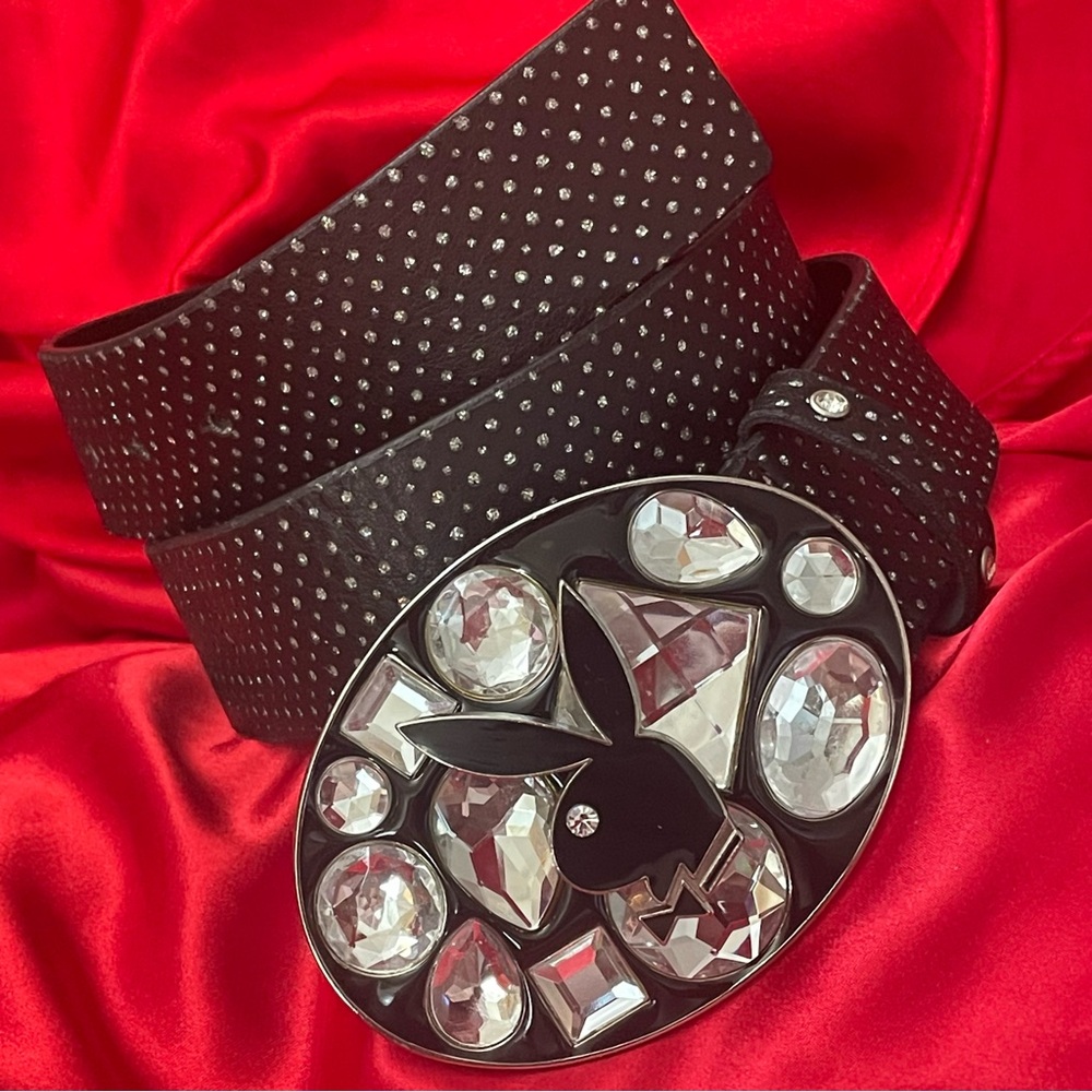 PLAYBOY Brilliant Large Beveled Bling Gemstones Belt Buckle Silver Glitter Belt
